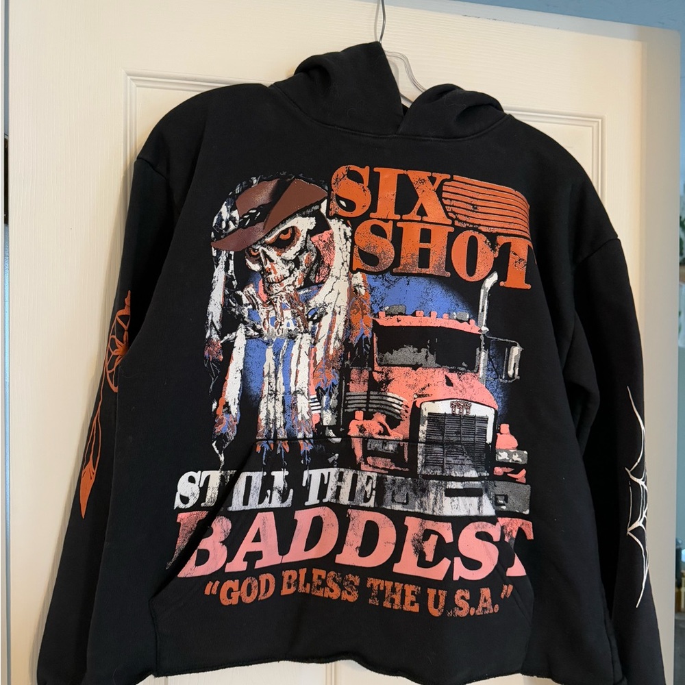 Six Shot Cropped Graphic Hoodie - Black and Orange